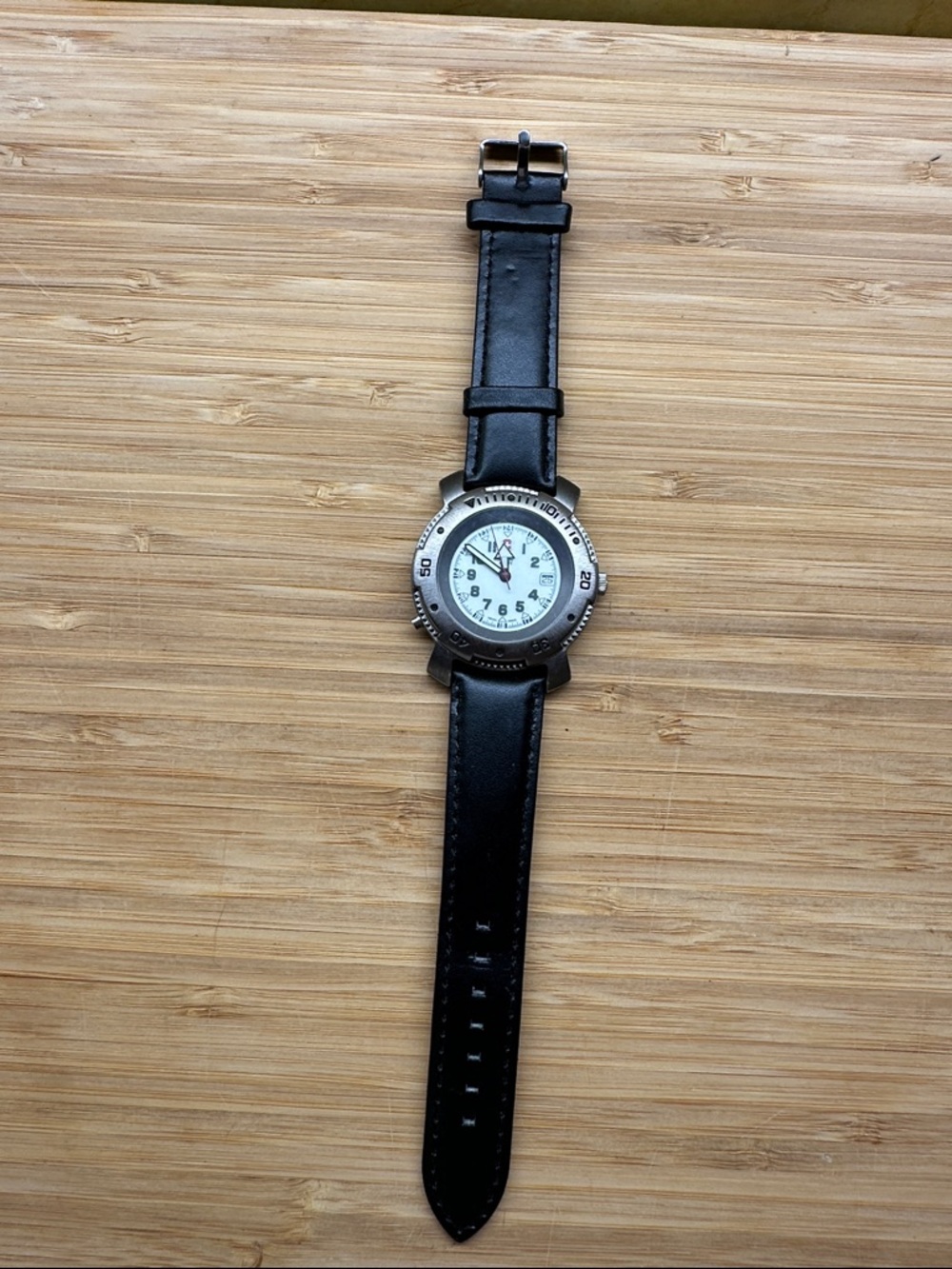 Pre-owned Black Leather band Swiss Army Watch with Silver Case and White Dial